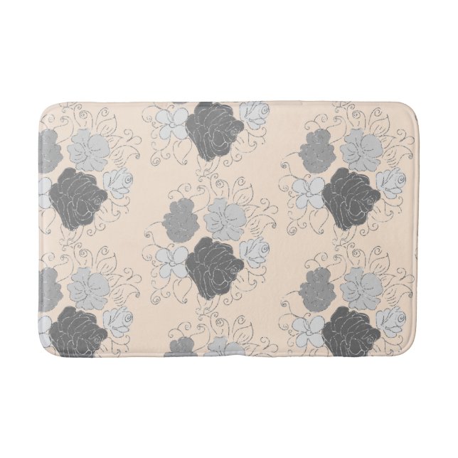 Modern Grey and White Floral Pattern Pink Bath Mat (Front)