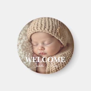Modern Grey and White Photo Birth Announcement Magnet