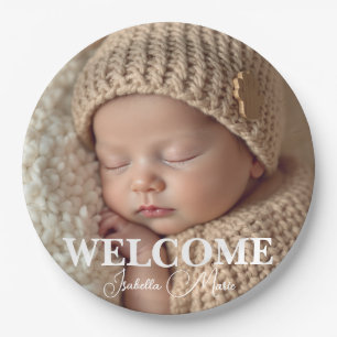 Modern Grey and White Photo Birth Announcement Paper Plate
