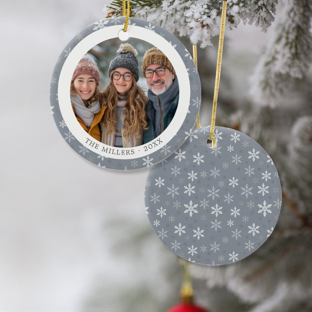 Modern Grey and White Snowflakes Photo  Ceramic Tree Decoration (Modern Grey and White Snowflakes Photo Ceramic Ornament)