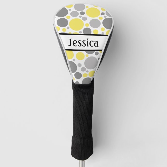 Modern Grey and Yellow Bubbles Personalised Golf Head Cover (Front)