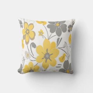 Modern Grey and Yellow Floral Pattern on White Cushion