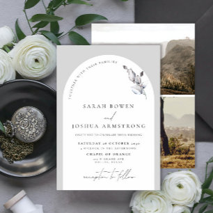 Modern Grey Arch Botanical Script 2 Photo Wedding Invitation