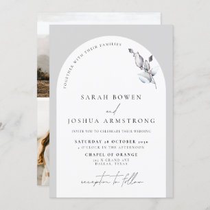 Modern Grey Arch Botanical Script 3 Photo Wedding Invitation