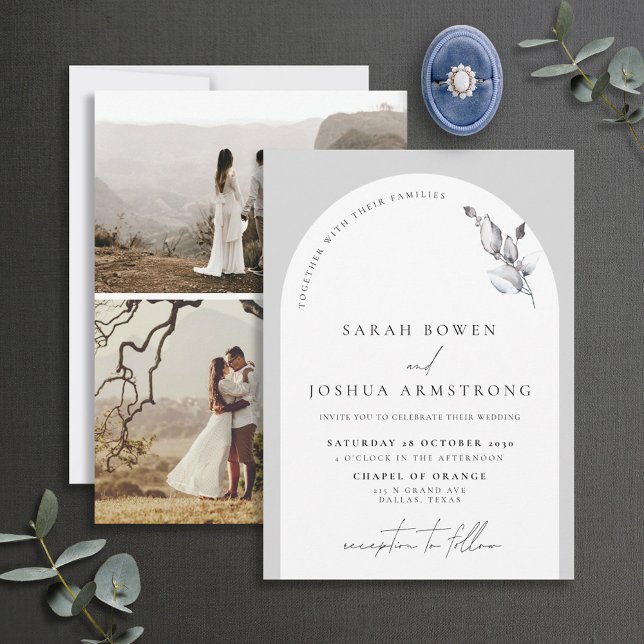 Modern Grey Arch Botanical Script 3 Photo Wedding Invitation (Creator Uploaded)
