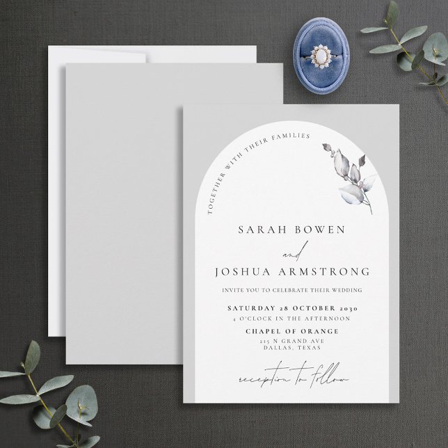 Modern Grey Arch Botanical Script Wedding Invitation (Creator Uploaded)