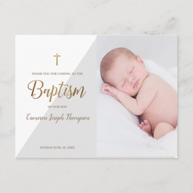 Modern Grey Baby Boy Photo Baptism Thank You Postcard (Front)