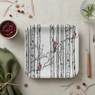Modern Grey Birch Trees and Red Cardinal Birds Paper Plate