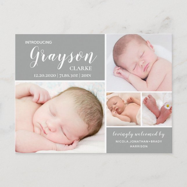 Modern Grey Birth Announcement Postcard (Front)