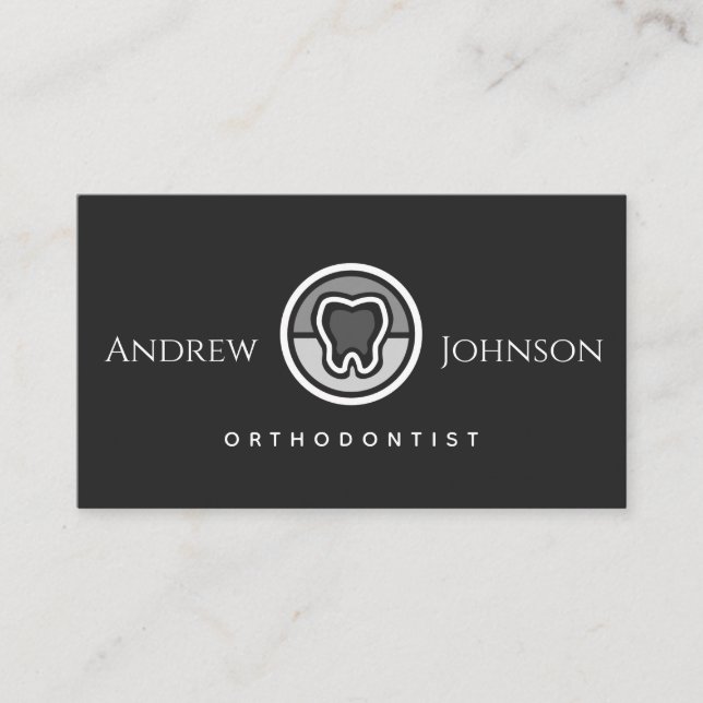 Modern Grey & Black Dentistry Orthodontist Tooth  Business Card (Front)