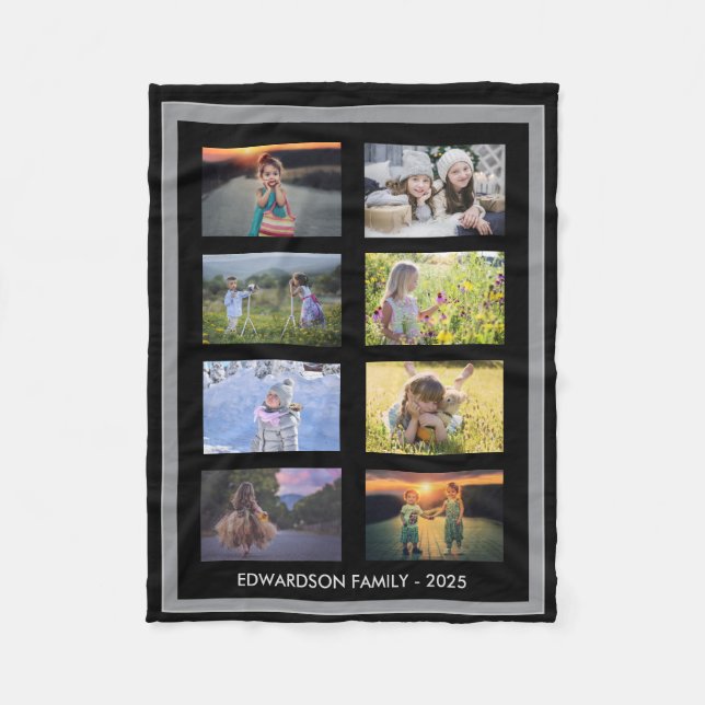 Modern grey black family photo collage monogrammed fleece blanket (Front)
