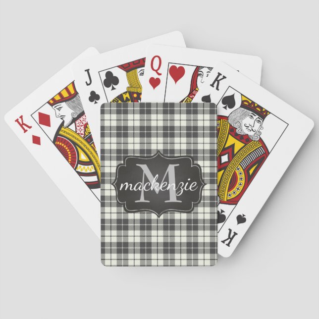 Modern  Grey Black Flannel Plaid Monogrammed Name Playing Cards (Back)