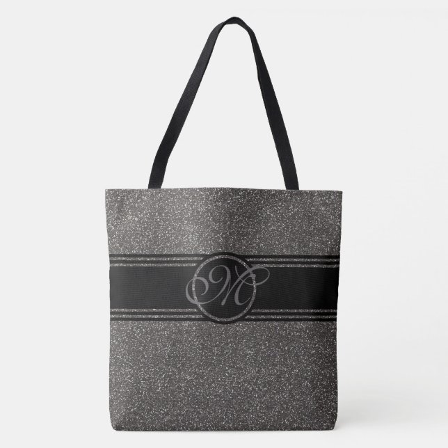 Modern Grey Black Glitter Monogram Large Tote Bag (Front)