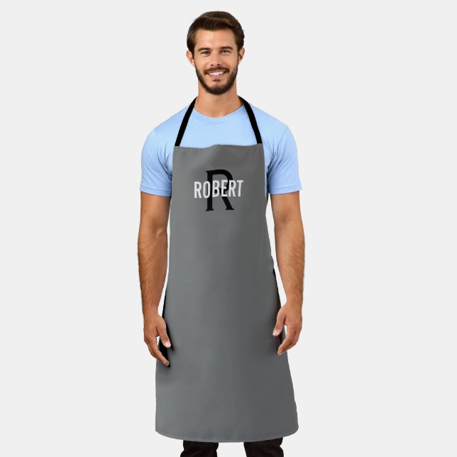 Modern grey black monogram name apron (Worn)