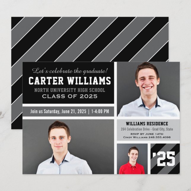 Modern Grey Black Striped Graduation Photo Collage Invitation (Front/Back)