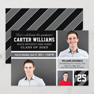 Modern Grey Black Striped Graduation Photo Collage Invitation