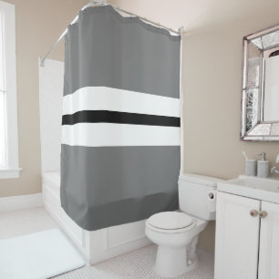 Modern Grey Black White Centre Racing Stripes Shower Curtain