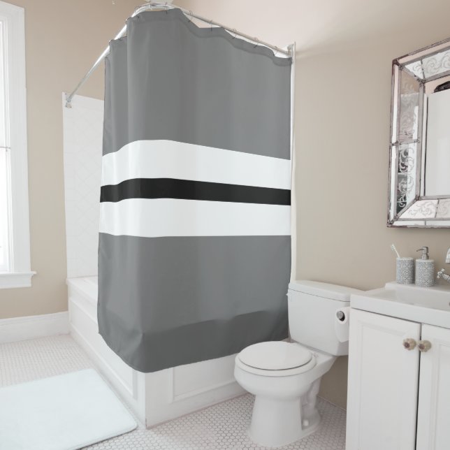 Modern Grey Black White Centre Racing Stripes Shower Curtain (In Situ)