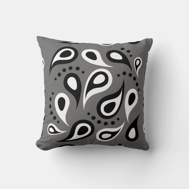 Modern Grey Black White Paisley Throw Pillow (Front)