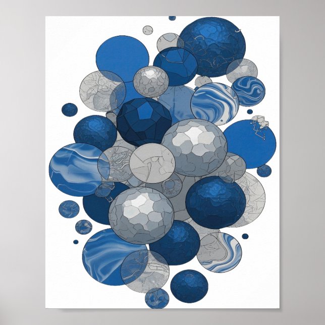 Modern Grey BLUE AND WHITE BALLS Design Poster (Front)