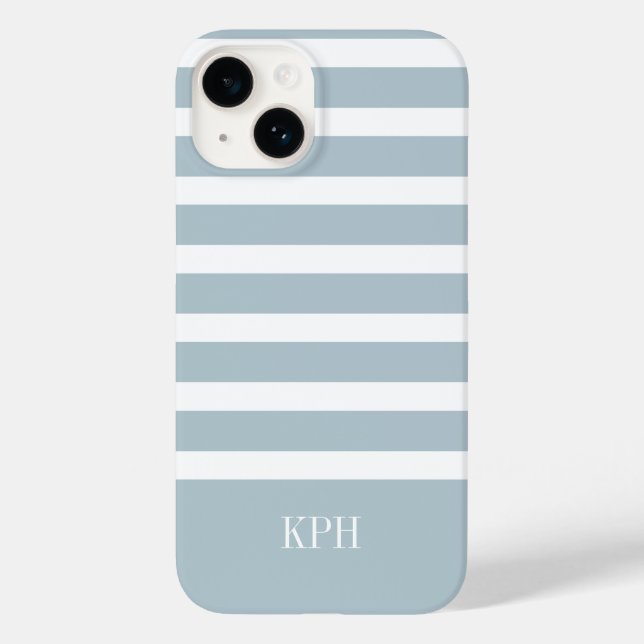 Modern Grey Blue and White Stripe with Monogram  Case-Mate iPhone Case (Back)