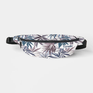 Modern Grey Blue Tropical Leaf Name Custom Travel Bum Bags