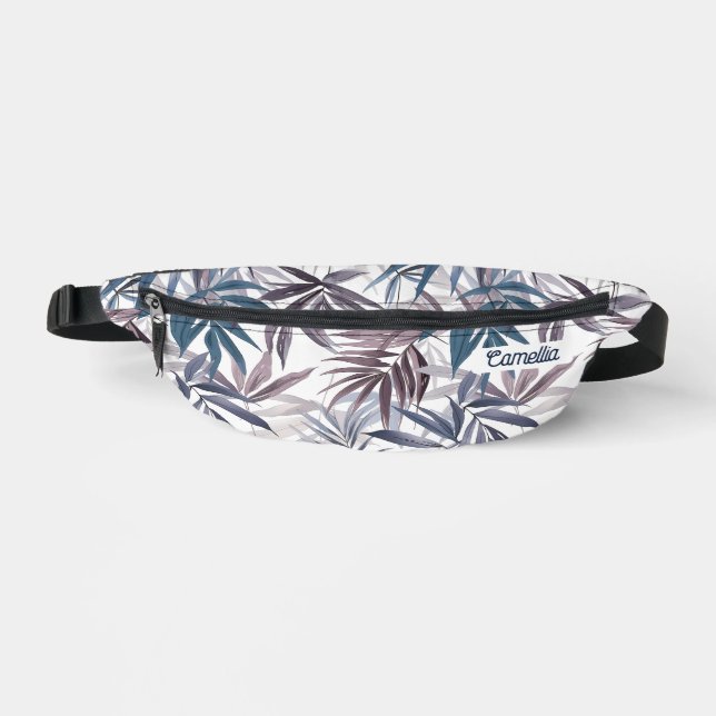 Modern Grey Blue Tropical Leaf Name Custom Travel Bum Bags (Front)