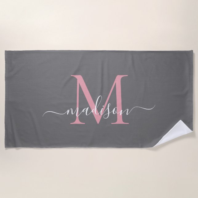 Modern Grey Blush Pink Monogram Feminine Script Beach Towel (Front)
