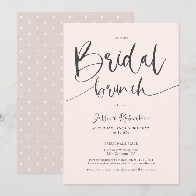 Modern grey blush pink script trendy bridal brunch invitation (Front/Back)