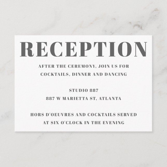 Modern Grey Bold Block Letters Wedding Reception Enclosure Card (Front)