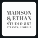 Modern Grey Bold Typography Wedding Favour Square Sticker<br><div class="desc">Modern typography wedding favour stickers with your names, venue, city and state in large, grey bold block letters, over a white background. The font and background colours may be changed to any colours you wish. These simple, contemporary stickers are great for the minimalist couple who is having an informal or...</div>