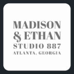 Modern Grey Bold Typography Wedding Favour Square Sticker<br><div class="desc">Modern typography wedding favour stickers with your names, venue, city and state in large, grey bold block letters, over a white background. The font and background colours may be changed to any colours you wish. These simple, contemporary stickers are great for the minimalist couple who is having an informal or...</div>