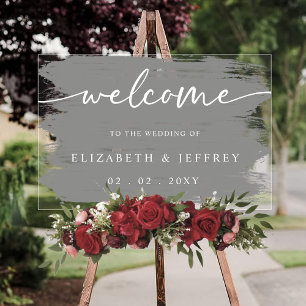 Modern Grey Brush Strokes Wedding Welcome  Acrylic Sign