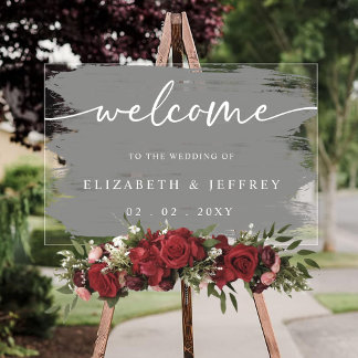 Modern Grey Brush Strokes Wedding Welcome Acrylic Sign