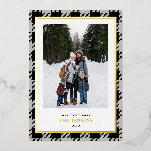 Modern Grey Buffalo Plaid Christmas Two Photos Foil Holiday Card (Front)