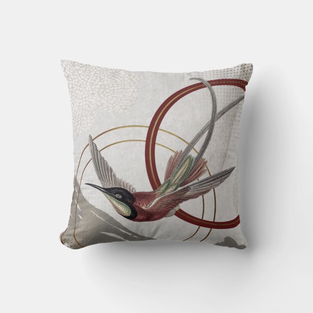 Modern Grey & Burgundy Hummingbird Cushion (Front)