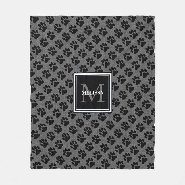 Modern grey burlap dog paw family monogram name fleece blanket (Front)