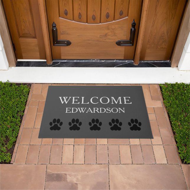Modern grey burlap Welcome family name dog paws Doormat (Outdoor)