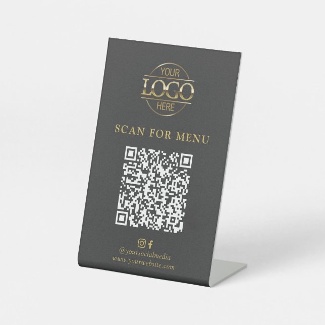 Modern Grey Business Logo Contactles QR Code Menu Pedestal Sign (Front)