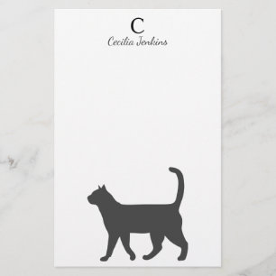 Modern Grey Cat Silhouette & Name Stationery