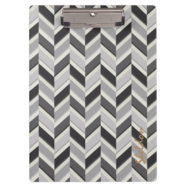 Modern grey chevron geometric pattern monogram clipboard (Front)