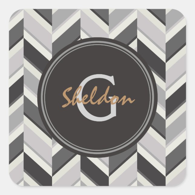 Modern grey chevron geometric pattern monogram square sticker (Front)
