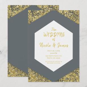 Modern Grey Chic Gold Glitter Flakes Glam Wedding  Invitation