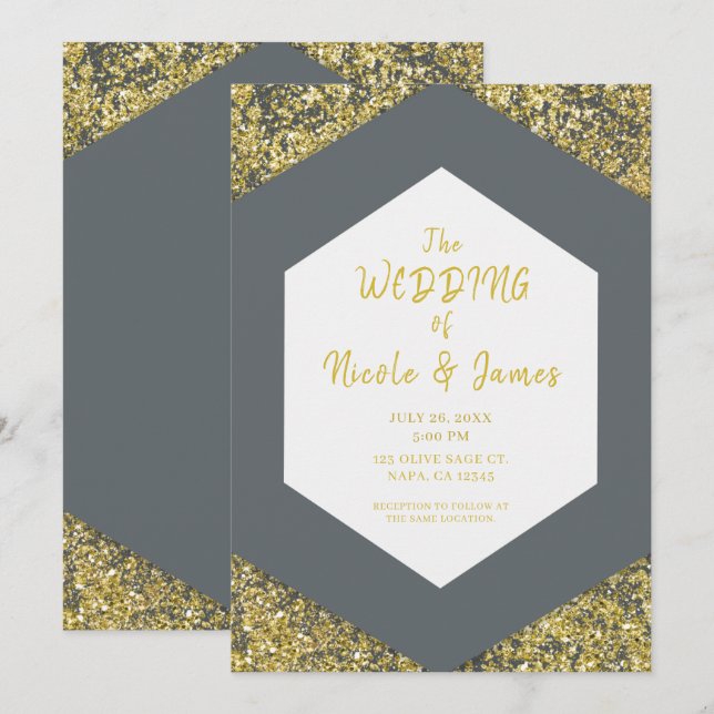 Modern Grey Chic Gold Glitter Flakes Glam Wedding  Invitation (Front/Back)