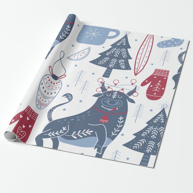 Modern Grey Christmas Illustrations Wrapping Paper (Unrolled)