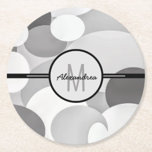 Modern Grey Circle Geometric Monogram Round Paper Coaster