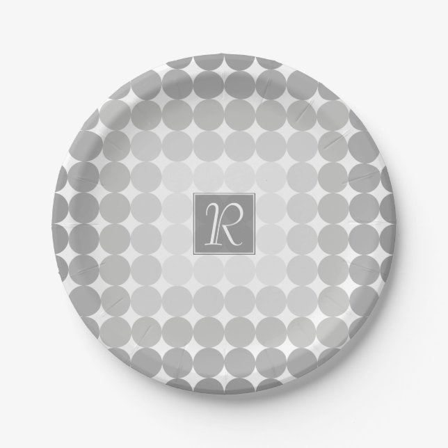Modern Grey Circles Monogram Paper Plate (Front)