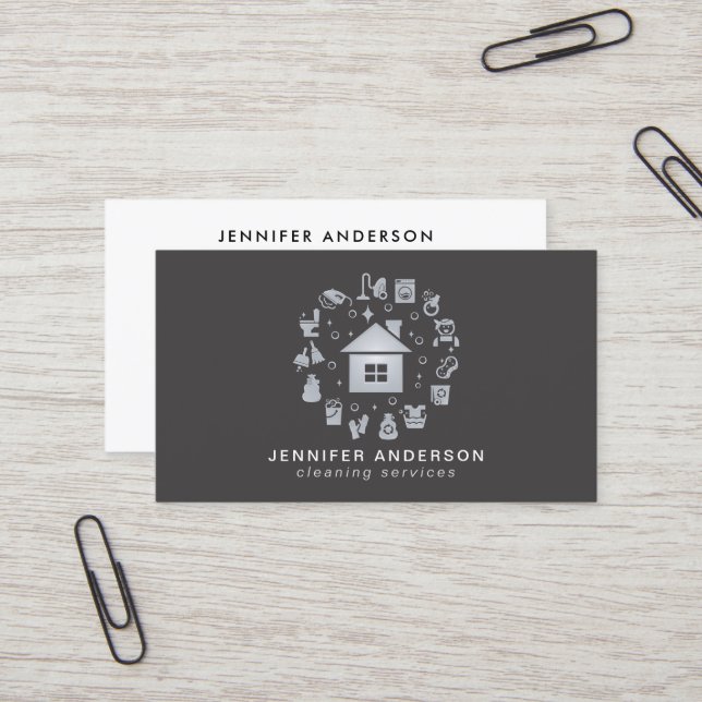 Modern Grey Cleaning Services Business Card (Front/Back In Situ)