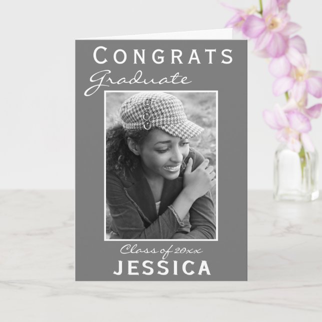 Modern Grey Congrats Graduate Graduation Photo Card (Orchid)