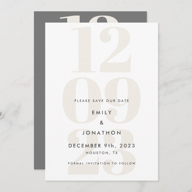 Modern Grey Cream Date Typography Save The Date (Front/Back)
